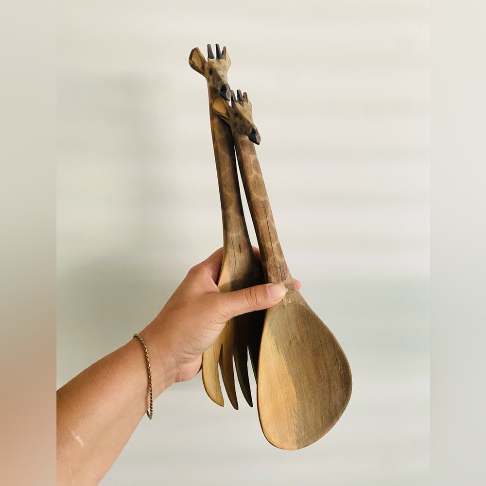 Vintage African handmade Wooden Carved Giraffe Salad Serving Spoon  Fork